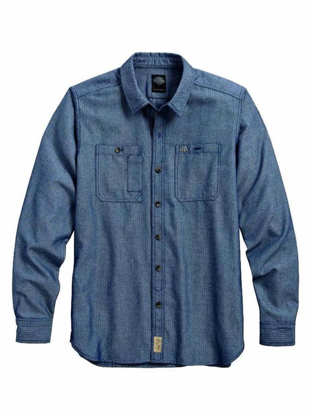 Harley Davidson Men's Herringbone Woven Shirt Longsleeve Elbow Patch in Blue L